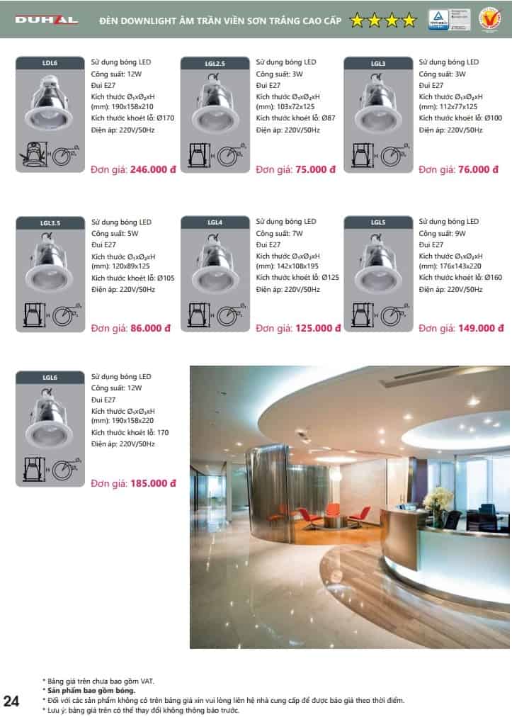 bang gia den downlight am tran vien son trang