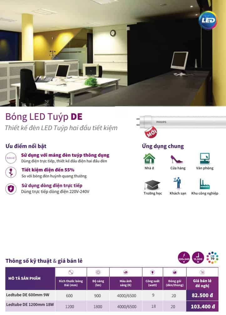 bang gia den led tuyp DE
